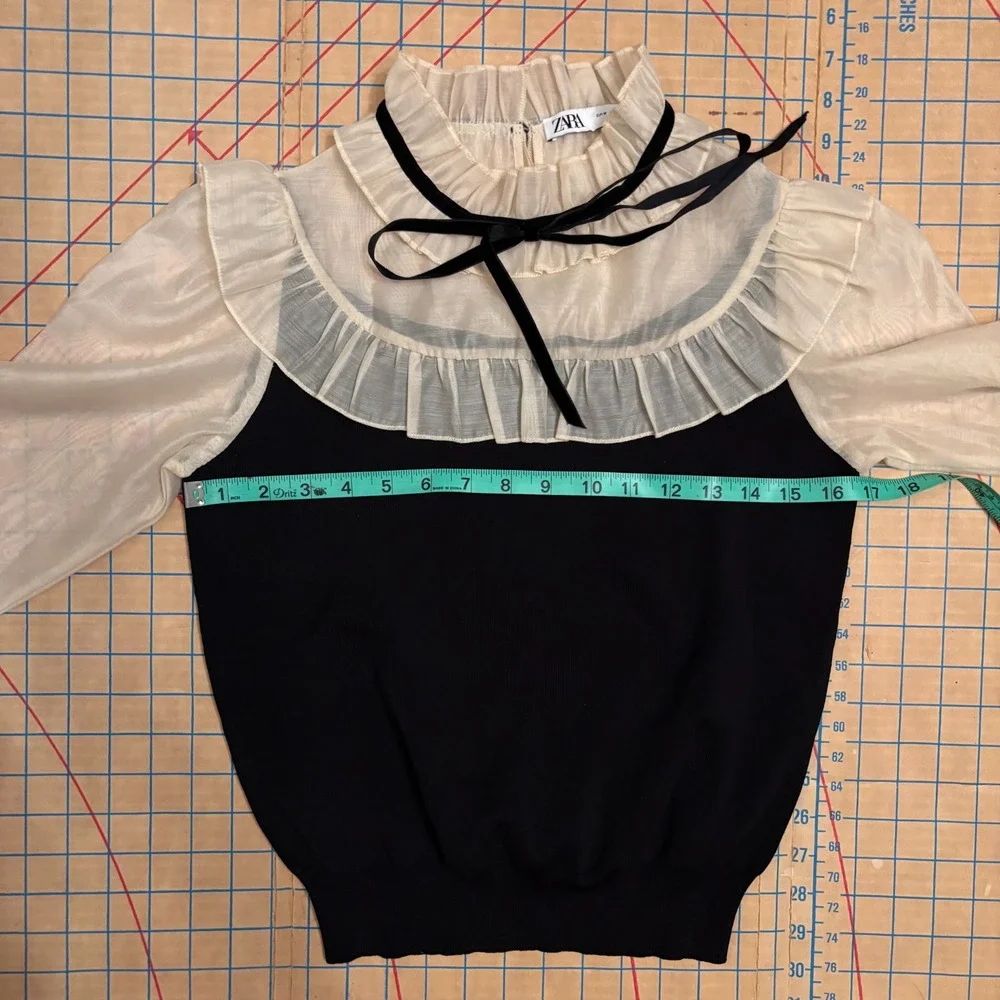 ZARA Ivory Sheer Sleeve Ruffle Collar Blouse Black Victorian Romantic Top Size M - Picture 6 of 7